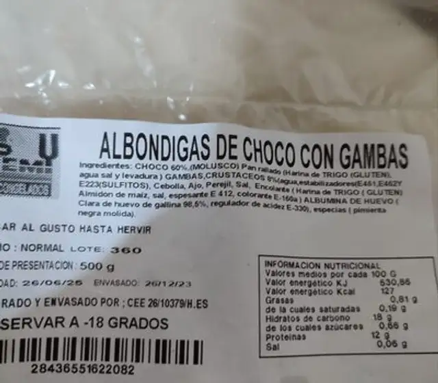 Albóndigas de choco con gambas ingredients label