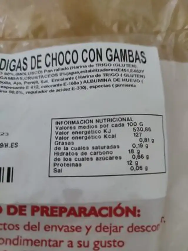 Albóndigas de choco con gambas nutrition facts table