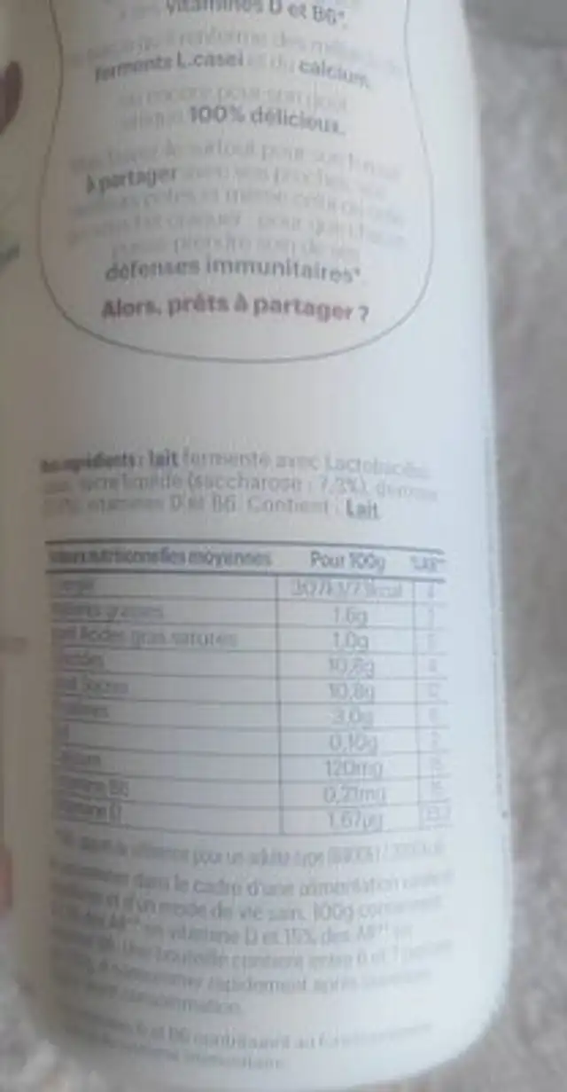 Actimel nutrition facts table