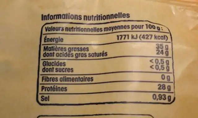 Comté nutrition facts table