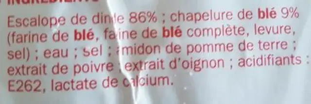 Escalope de dinde a la Milanaise ingredients label