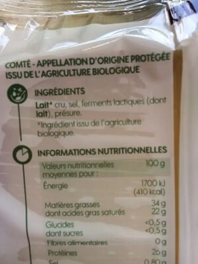 Comté au lait cru ingredients label