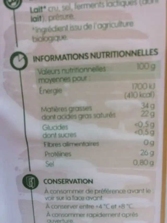 Comté au lait cru nutrition facts table