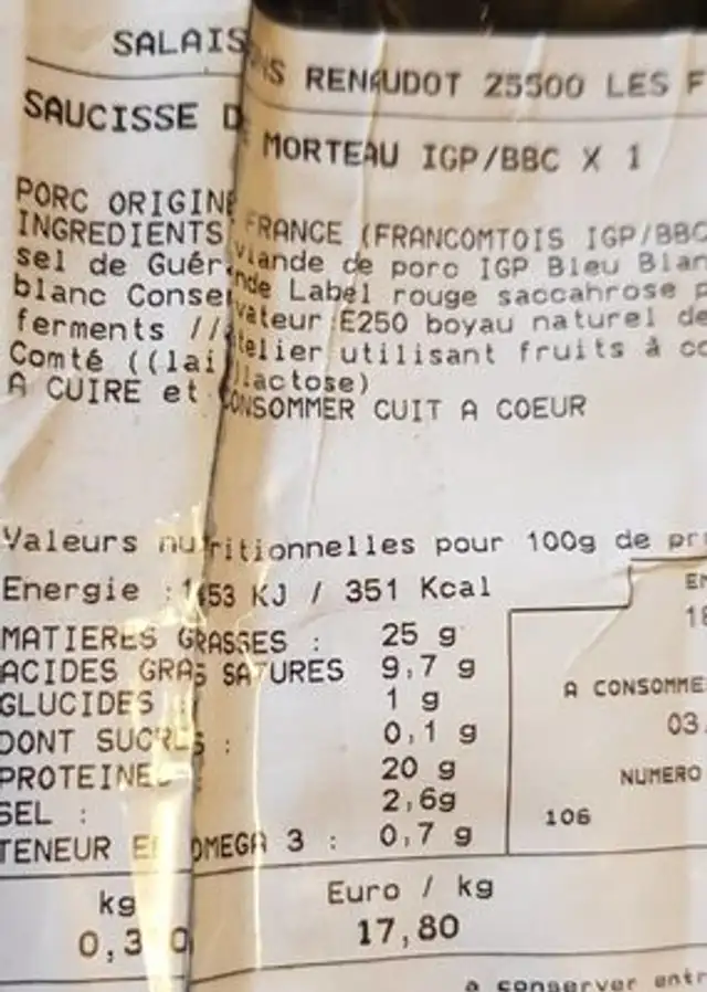 Saucisse de morteau nutrition facts table