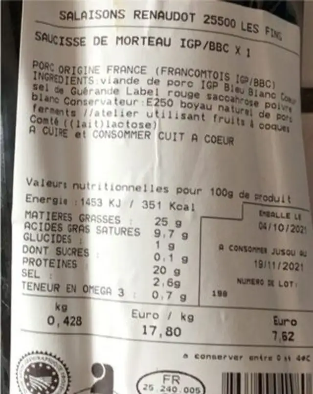 Saucisse de morteau nutrition facts table