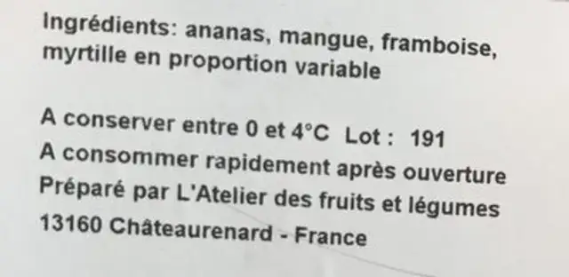 Salade de fruits ingredients label