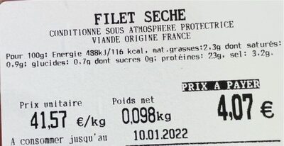 Filet de porc seche nutrition facts table