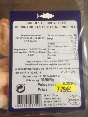 Queue de crevettes decortiquées cuites refrigerées front packaging