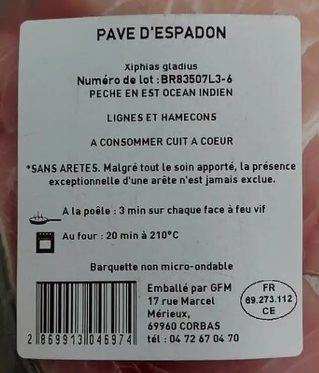 Pavé d'espadon nutrition facts table