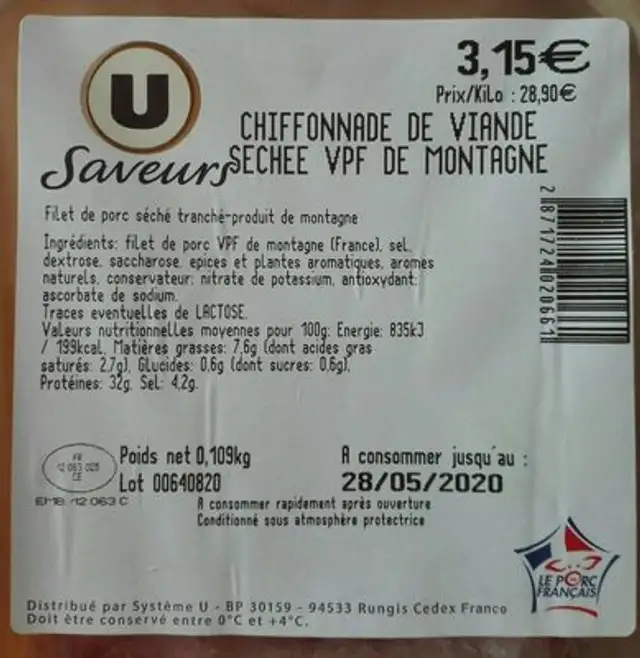 Chiffonade de viande séchée de montagne nutrition facts table