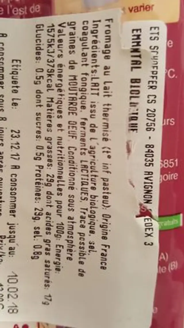 Emmental français ingredients label