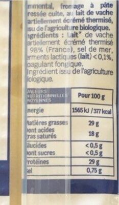Emmental nutrition facts table
