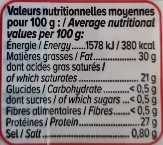 Emmental nutrition facts table