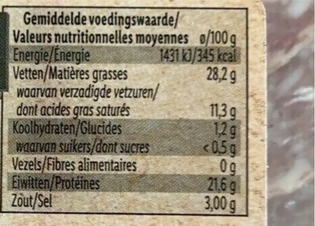 Saucisson D’Ardenne BGA/IGP nutrition facts table