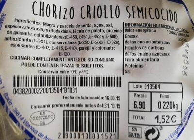 Chorizo criollo semicocido front packaging