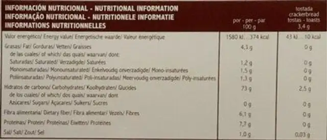 Tostadas ligeras ecológicas de Arroz Integral y Lino nutrition facts table