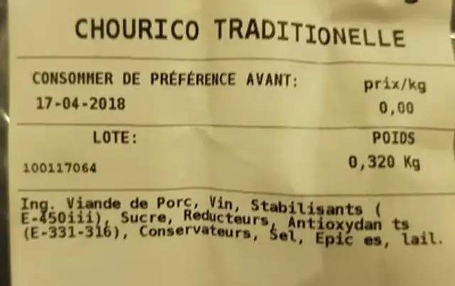 Chorizo ingredients label