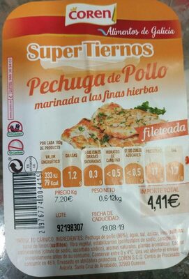 Pechuga de pollo fileteada a las finas hierbas