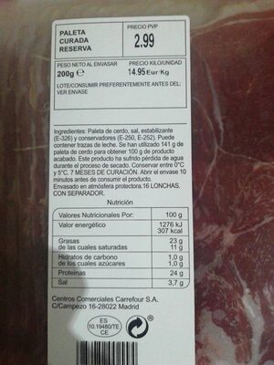 Paleta curada reserva ingredients label