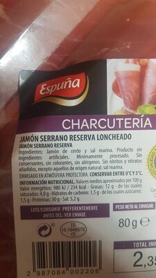 Jamon Serrano Reserva ingredients label