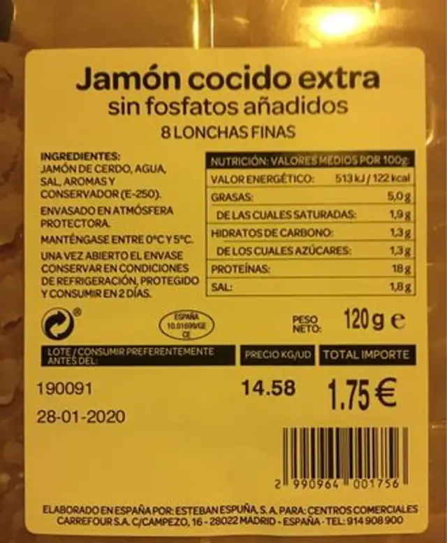 Jamon cocido extra nutrition facts table