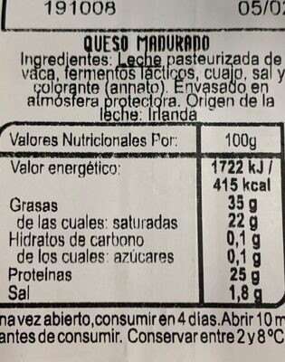 Queso chedar nutrition facts table