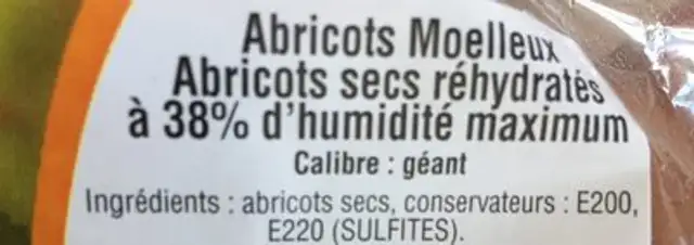 Abricot moelleux/ abricots sec réhydratés ingredients label