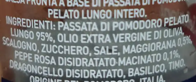 salsa pronta pelato di Puglia maggiorana e pepe rosa ingredients label