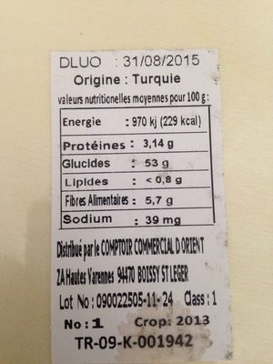Abricot sec nutrition facts table
