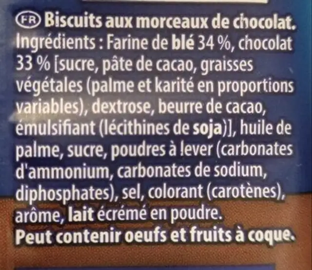 Granola Gros éclats de chocolat ingredients label