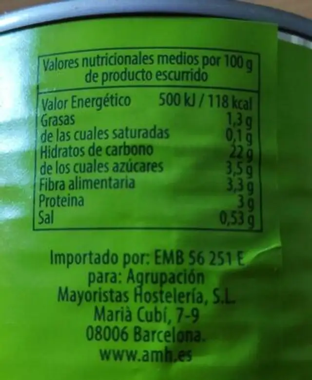 Maíz dulce en grano nutrition facts table