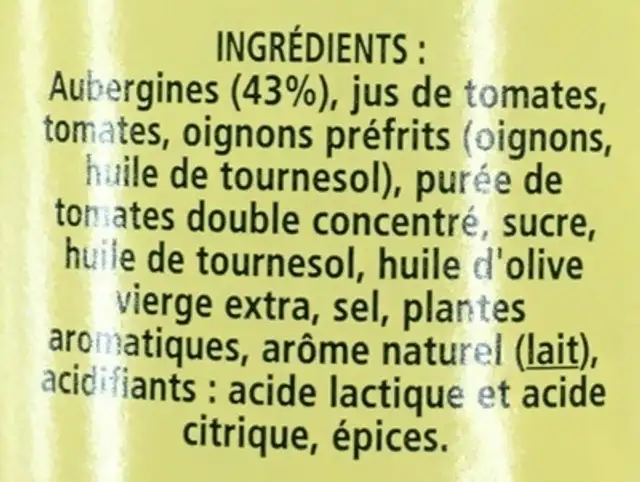 Aubergines cuisinées ingredients label