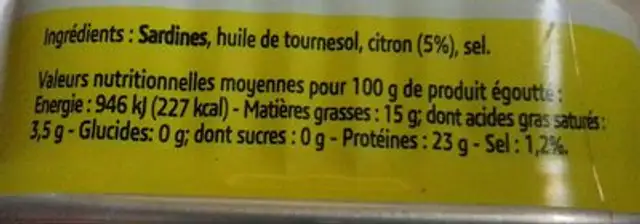 Sardines à l'huile et au citron ingredients label