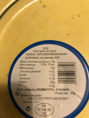Caviar ingredients label
