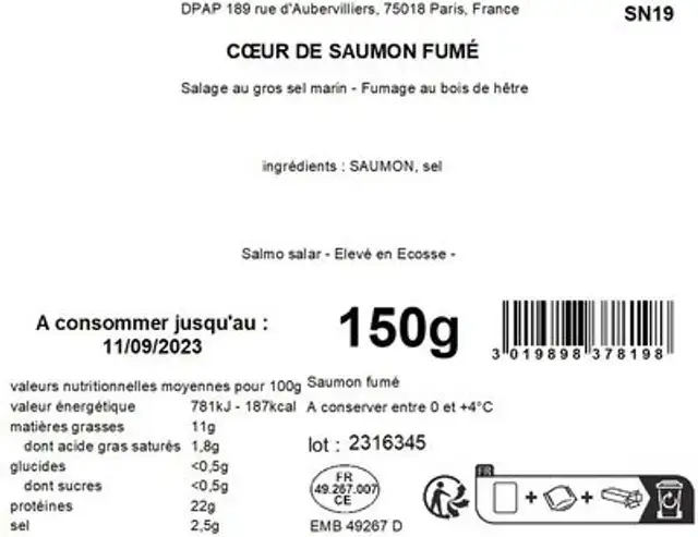Cœur de saumon fumé nutrition facts table