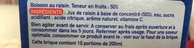 Jus de raisin ingredients label
