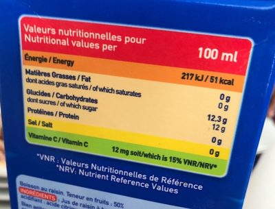 Jus de raisin nutrition facts table