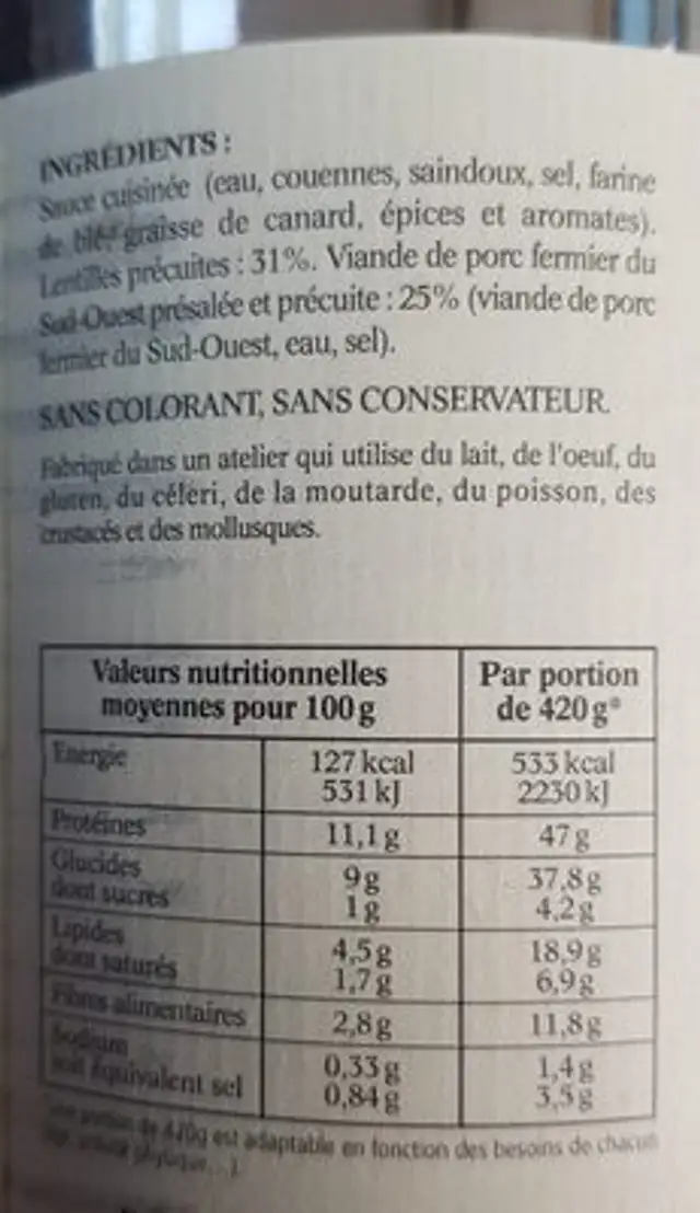 Petit salé aux lentilles ingredients label
