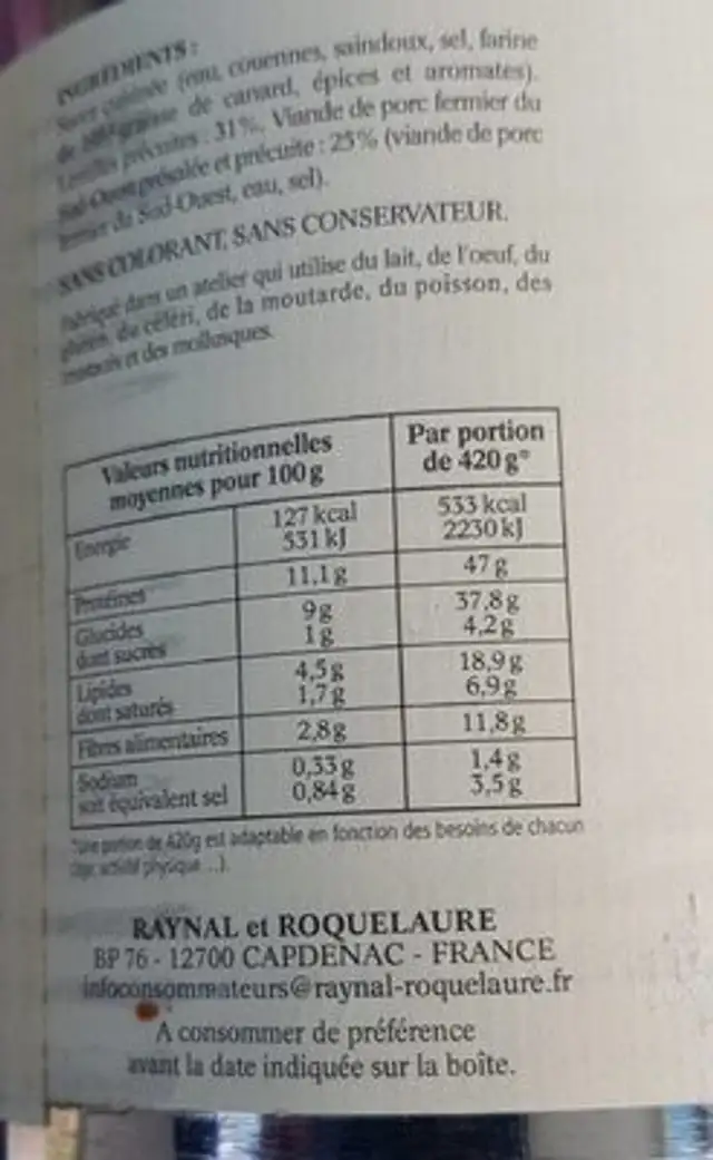 Petit salé aux lentilles nutrition facts table