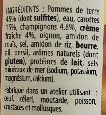 Pommes de Terre Carottes & Champignons cuisinés à la crème ingredients label