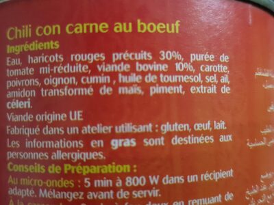 Chili con carne ingredients label