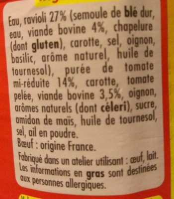Ravioli pur boeuf ingredients label