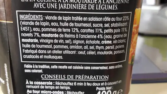 Lapin rôti petits légumes ingredients label