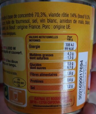 Sauce italienne à la viande rôtie nutrition facts table