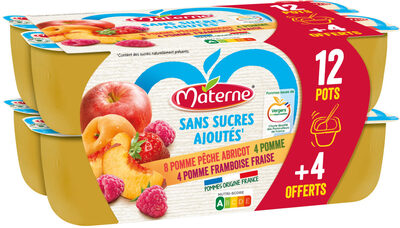 MATERNE Compote Coupelles Pomme, P. Framboise Fraise, P. Pêche Abricot 16x100g 12+4 Offerts