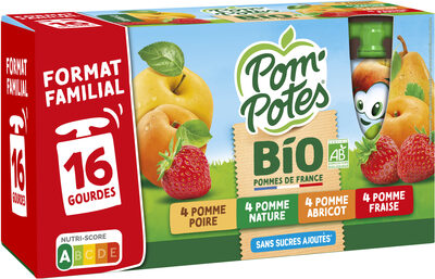POM'POTES Compotes Gourdes BIO Pomme, P. Fraise, P. Abr, P. Poire 16x90g Format Familial