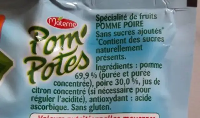 Compote Pomme Poire ingredients label