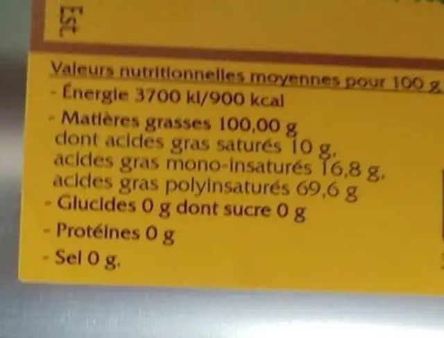 Huile de noisettes nutrition facts table