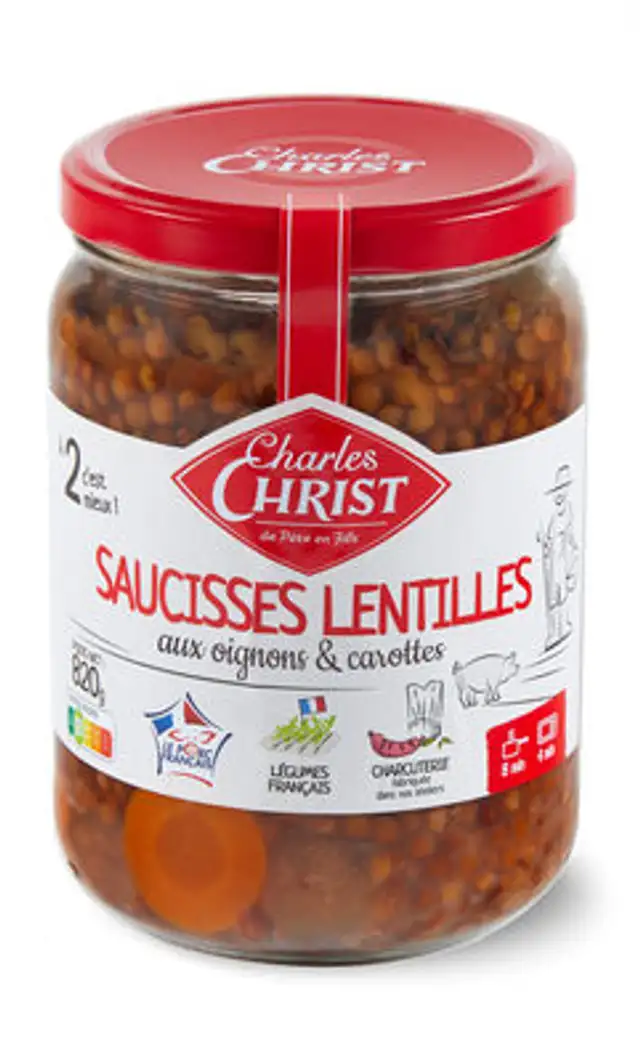 Saucisses lentilles aux oignons & carottes front packaging