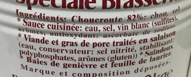 Choucroute spéciale Brasserie ingredients label